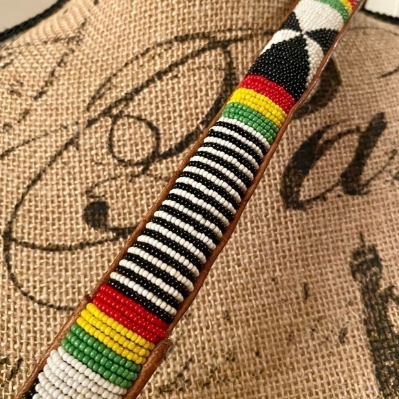 Vintage Handmade Traditional African Beaded Seed Beads Genuine Leather Belt